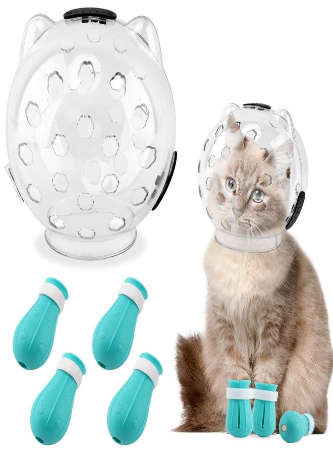 Saycker Cat Muzzle for Grooming, Transparent Cat Helmet with 4 Silicone Claw Covers, Adjustable Breathable Kitty Hood Anti Bite Bubble Astronaut Groomin Mask for Pet Bath Nail Trimming,S - Image 1